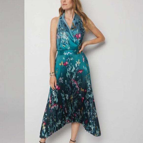 WHBM $190 Sleeveless Shawl Neck Pleated Midi Dress GORGEOUS COLOR! 10 12 - Picture 1 of 9